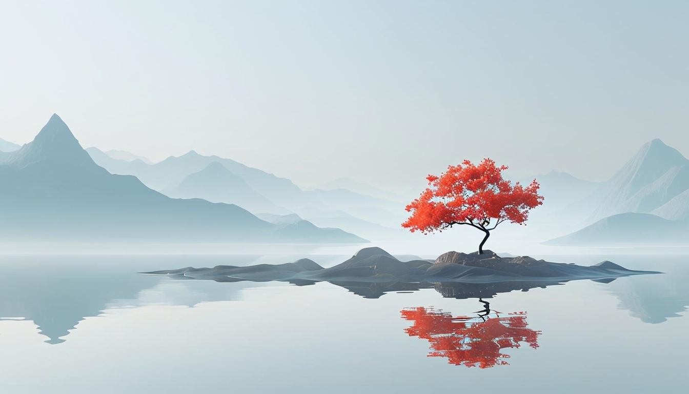 Serene Minimalist Landscape with Vibrant Red Tree Virtual Background