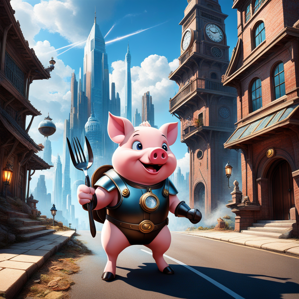 A time-traveling porky the pig with a sleek time machine wie... by B ...