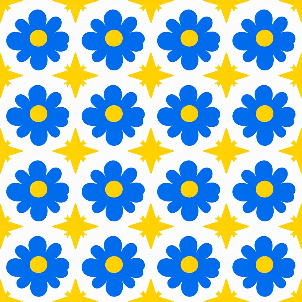 Vibrant Blue Flowers with Yellow Stars Repeating Pattern Seamless Pattern