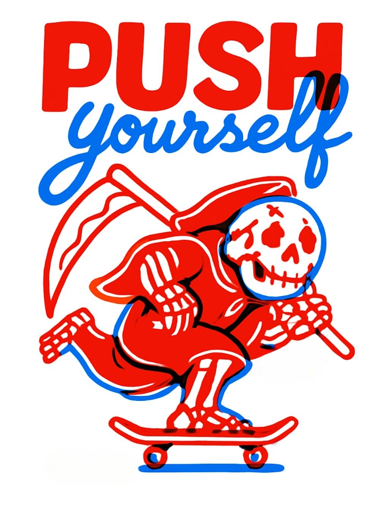 Vibrant Cartoon Grim Reaper with Skateboard and Motivational Text T-shirt