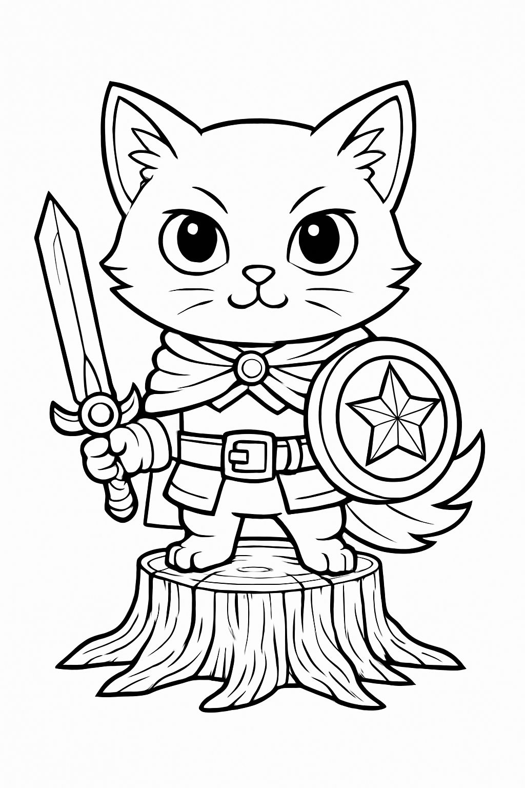 Whimsical Heroic Cat Character Coloring Page Design