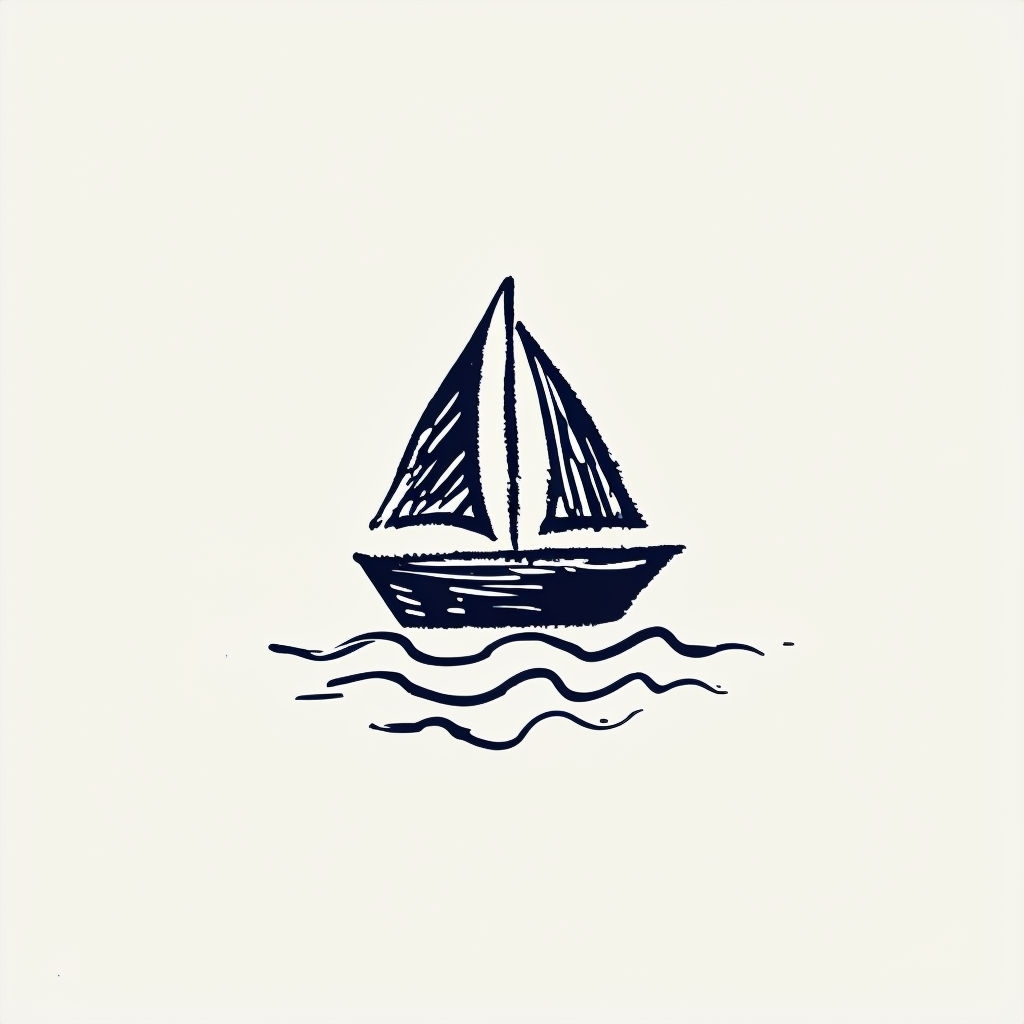 Minimalist Navy Blue Sailboat Illustration on Off-White Background Art