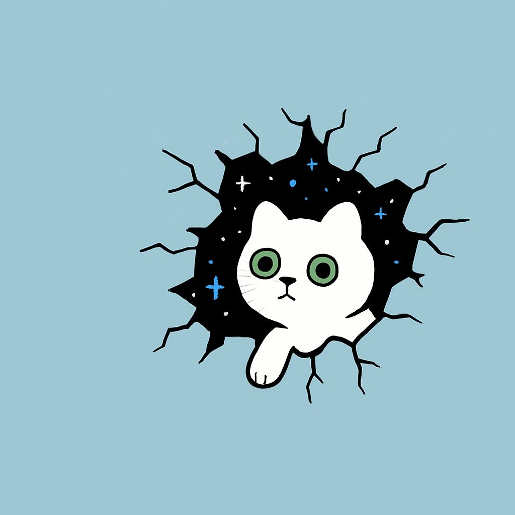 Whimsical White Cat in Black Hole Cartoon T-Shirt