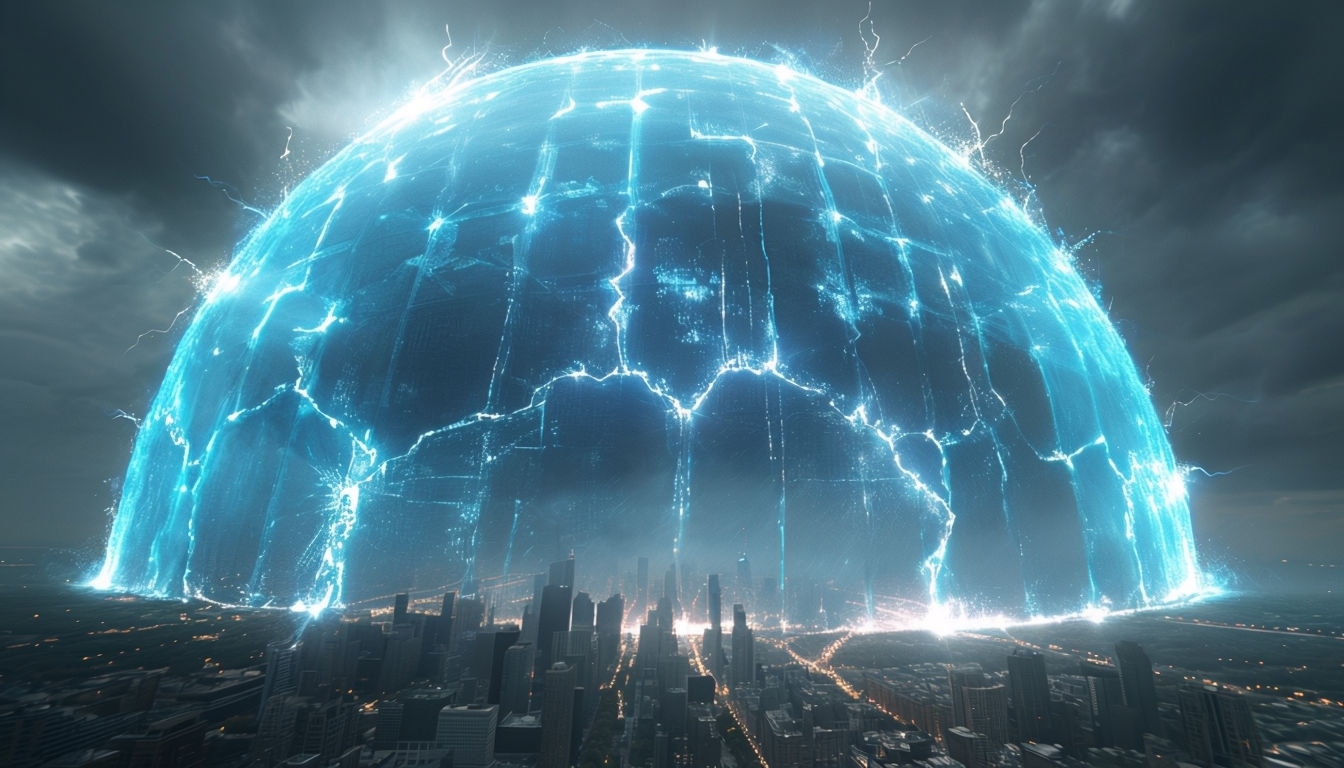 Dramatic Energy Shield Over City Skyline Virtual Background