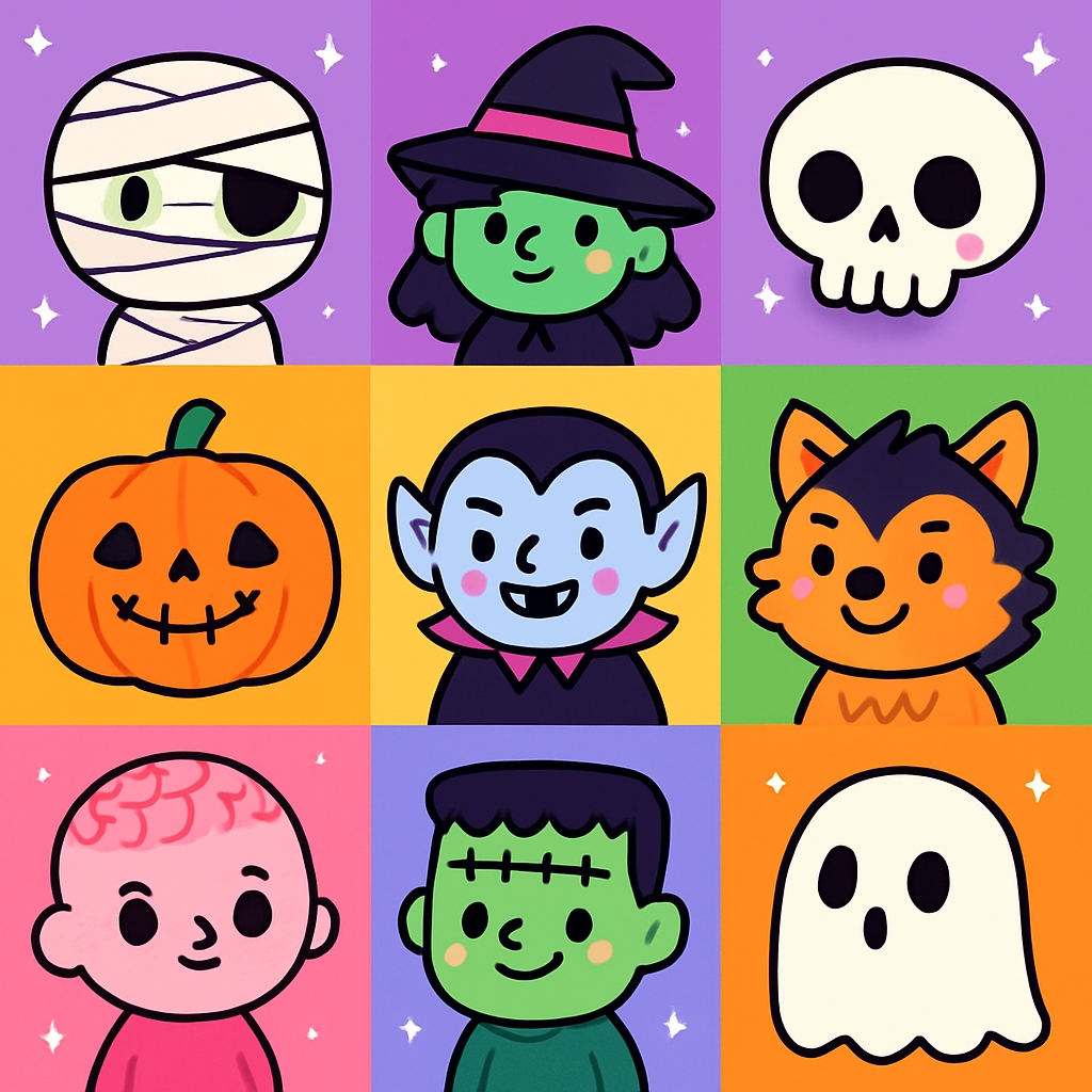 Colorful Halloween Character Grid Illustration for Seamless Patterns