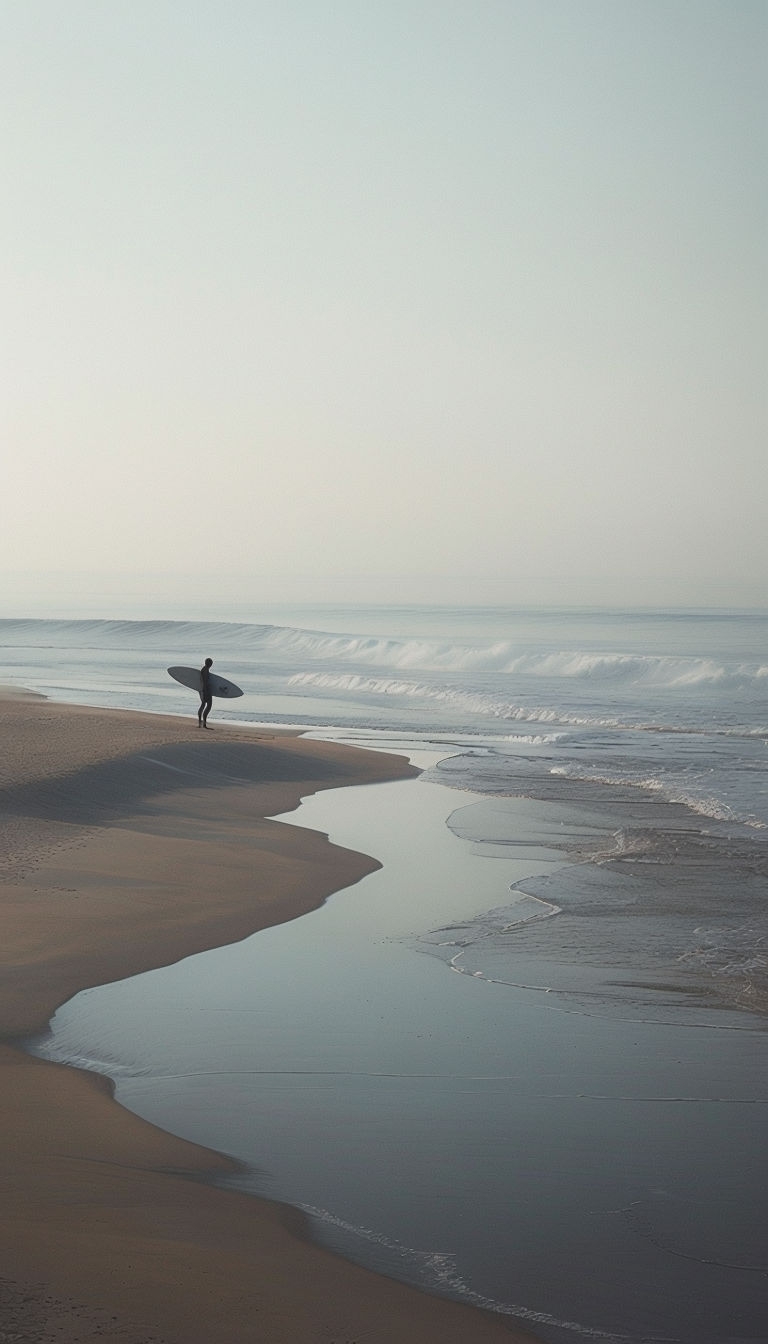 Tranquil Beach Scene with Surfer Ink Painting Mobile Wallpaper