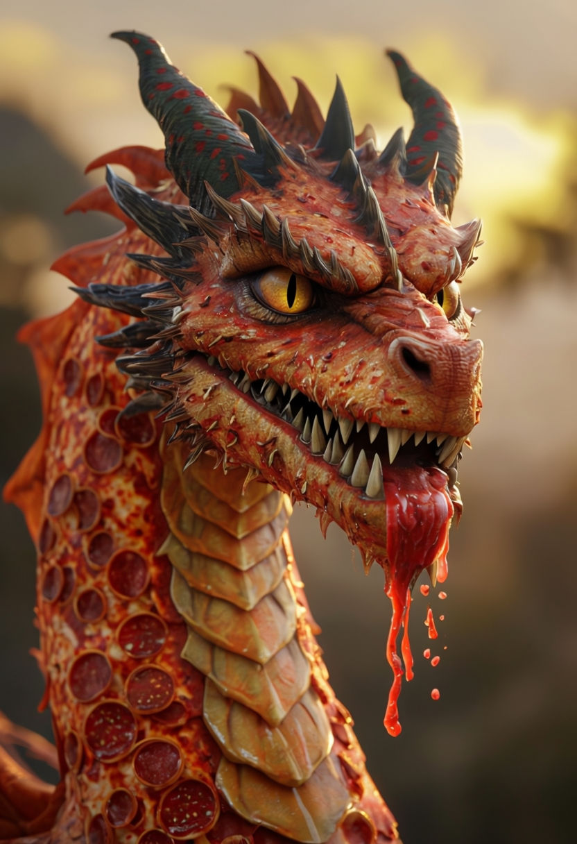 Photorealistic Dragon Head Pizza-Themed Artwork Poster