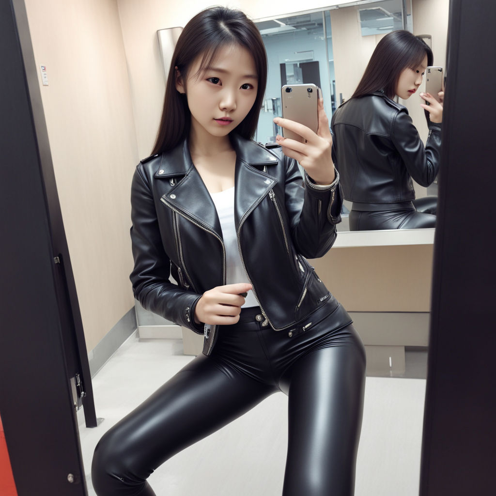 Chinese school girl leatherjacket leatherpants biker selfie ... by ...