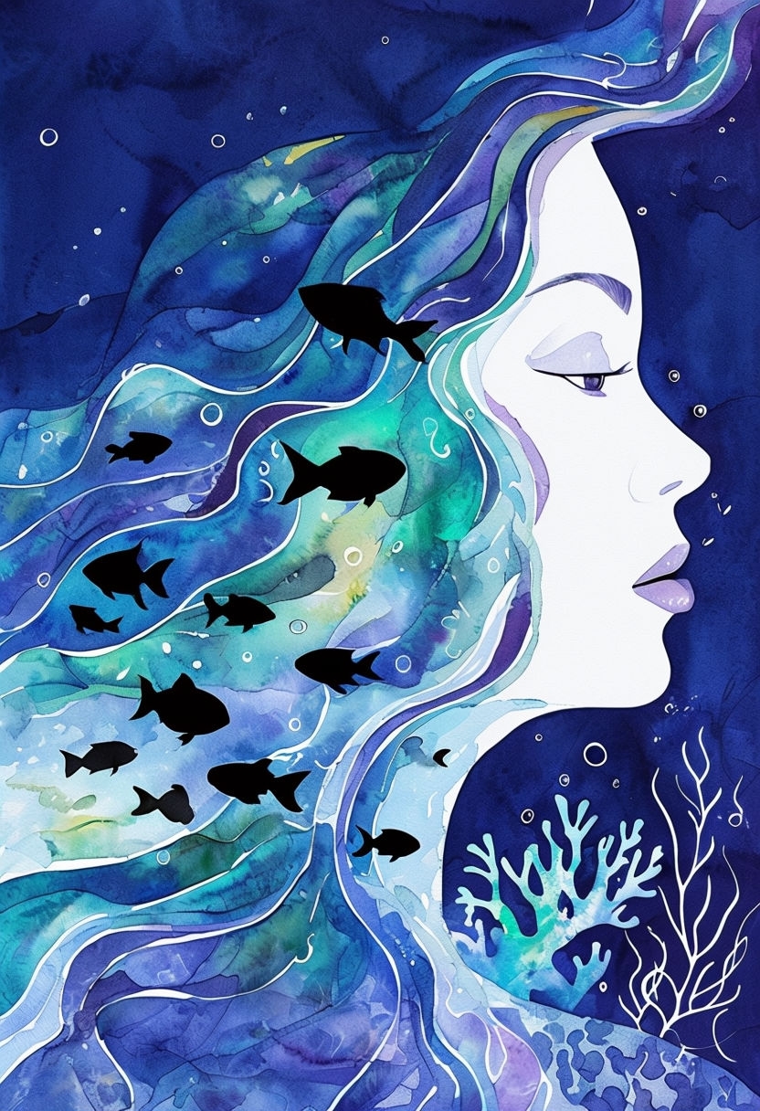 Surreal Watercolor Underwater Woman's Face Illustration Art