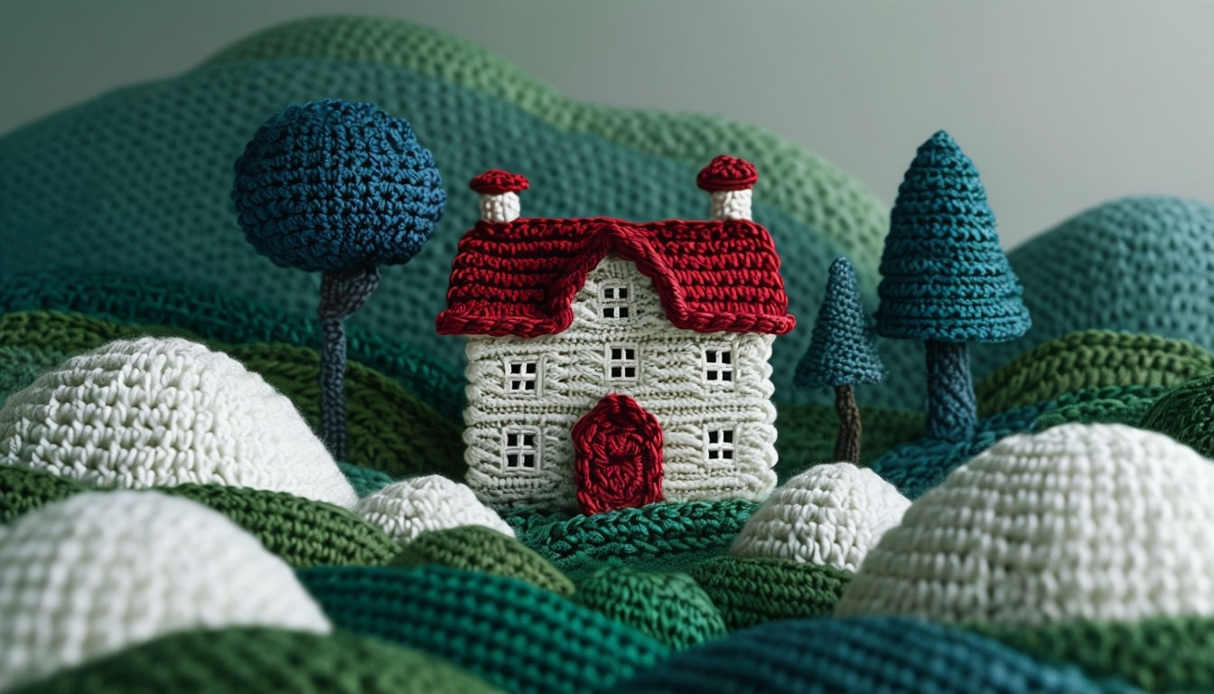 Whimsical Crochet Landscape with Cozy House Virtual Backgrounds