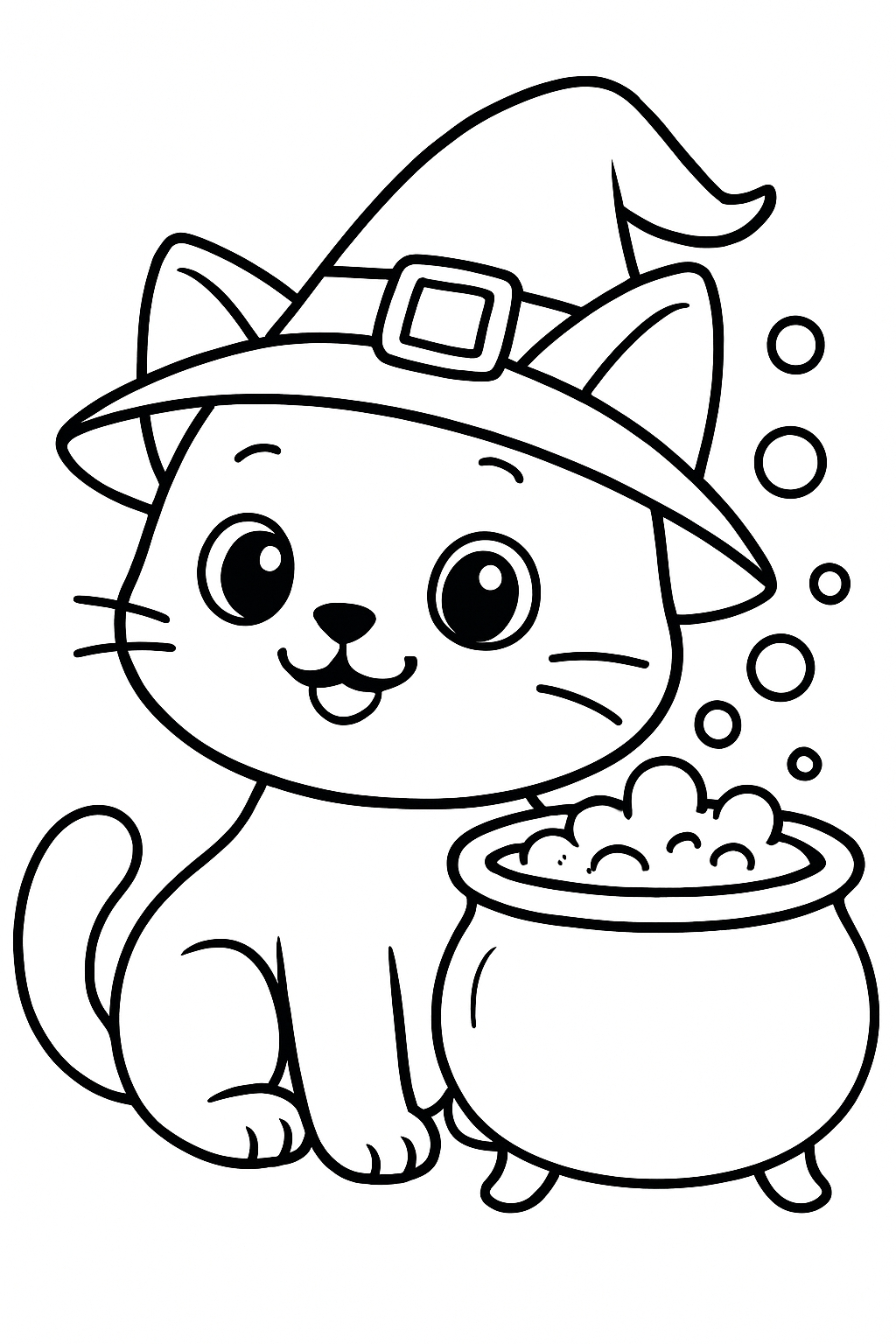 Adorable Cartoon Cat with Witch Hat and Cauldron Coloring Page