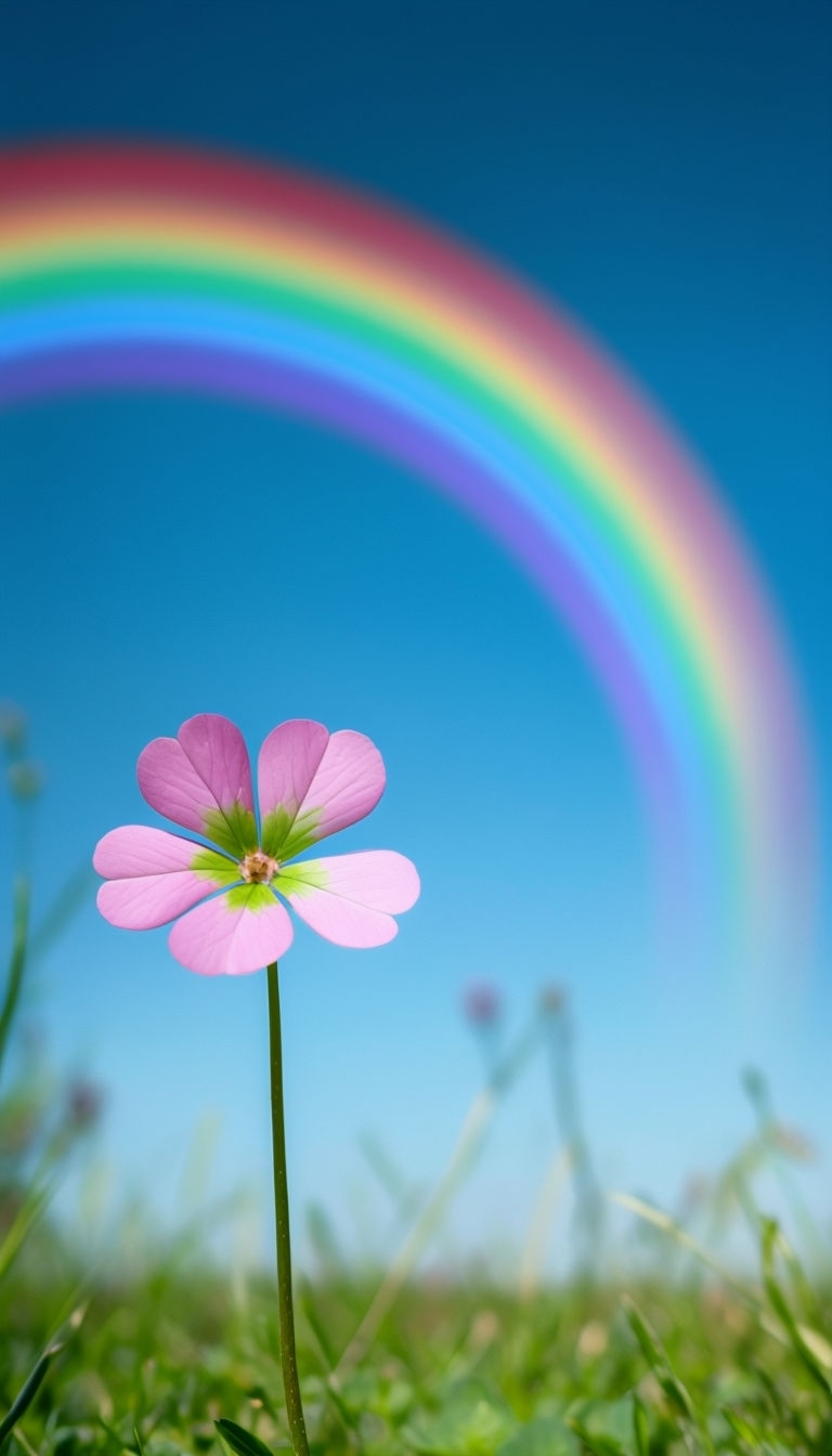 Vibrant Four-Leaf Clover and Rainbow Against Blue Sky Mobile Wallpaper