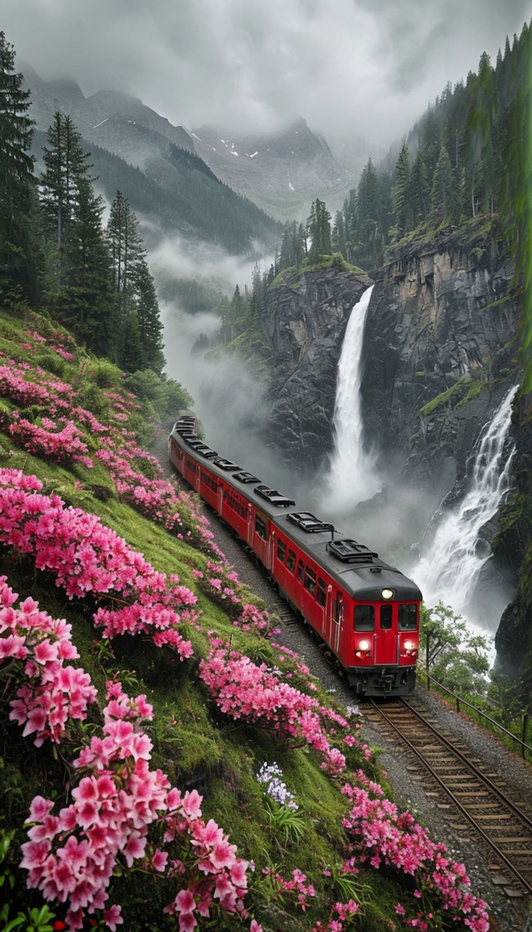Tranquil Red Train in Lush Valley with Waterfall Mobile Wallpaper