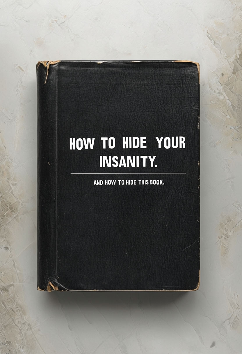 Vintage Black Book Cover with Bold Insanity Title Sticker