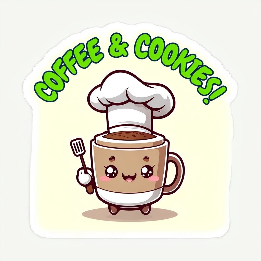 Playful Cartoon Coffee Cup Chef Sticker with Cookies Theme