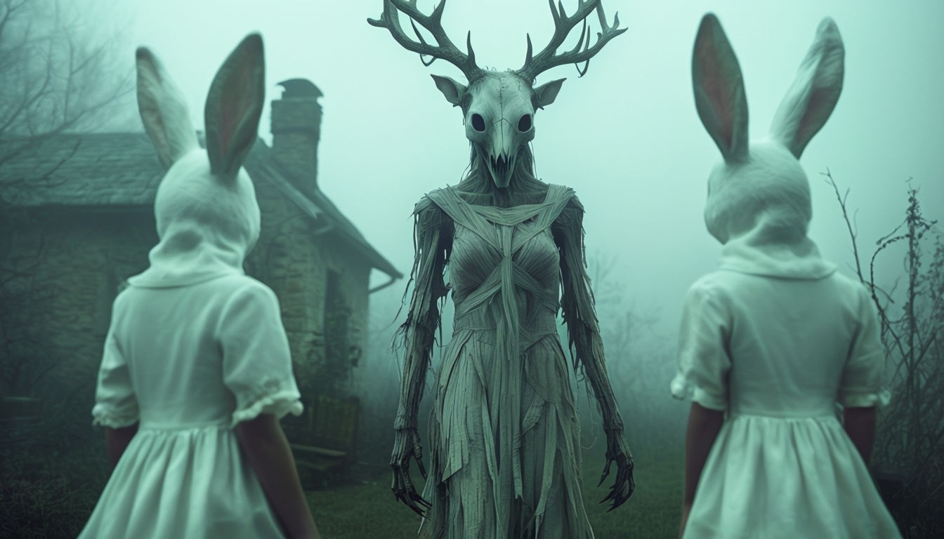 Surreal Foggy Forest Encounter with Rabbit Figures Background