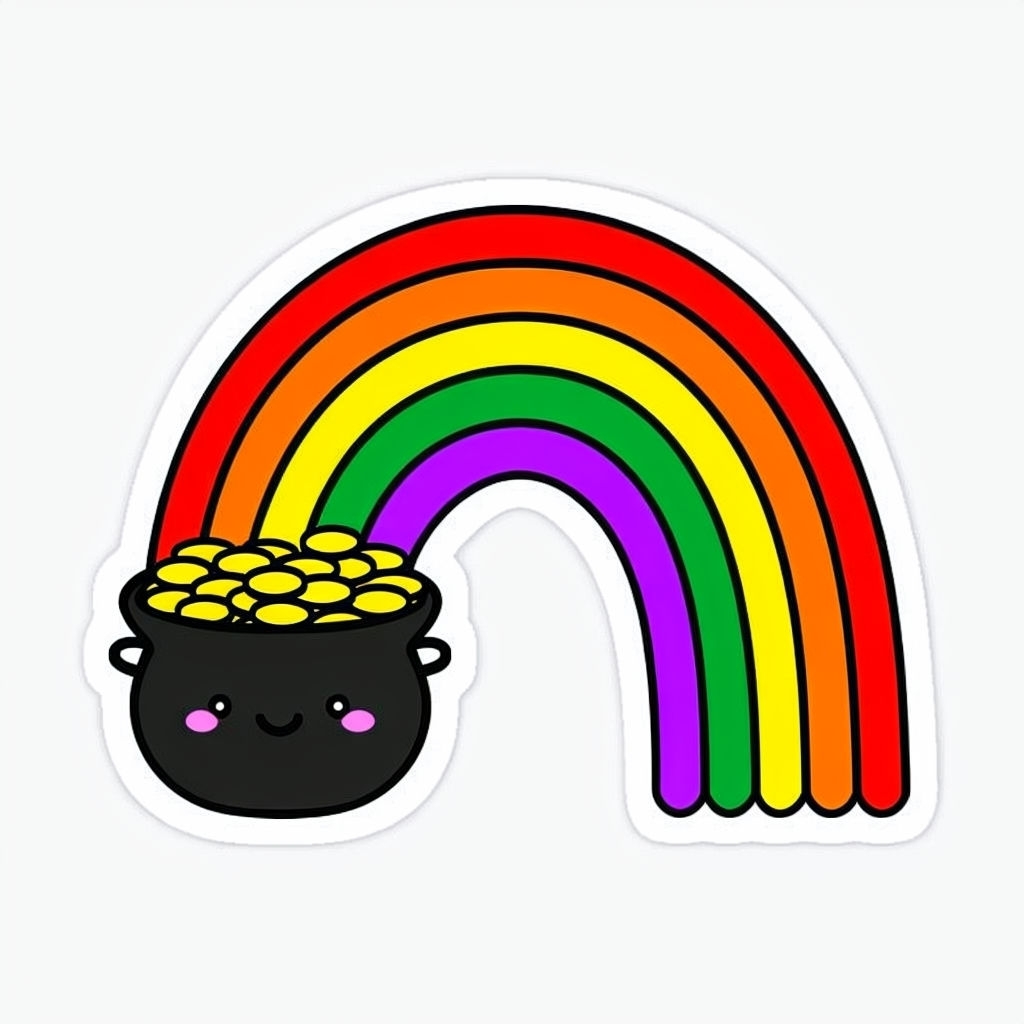 Cheerful Cartoon Pot of Gold with Rainbow Sticker