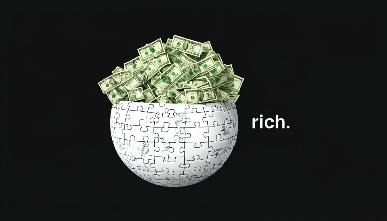 Wikipedia Globe with U.S. Dollar Bills and 'rich.' Text Art Poster