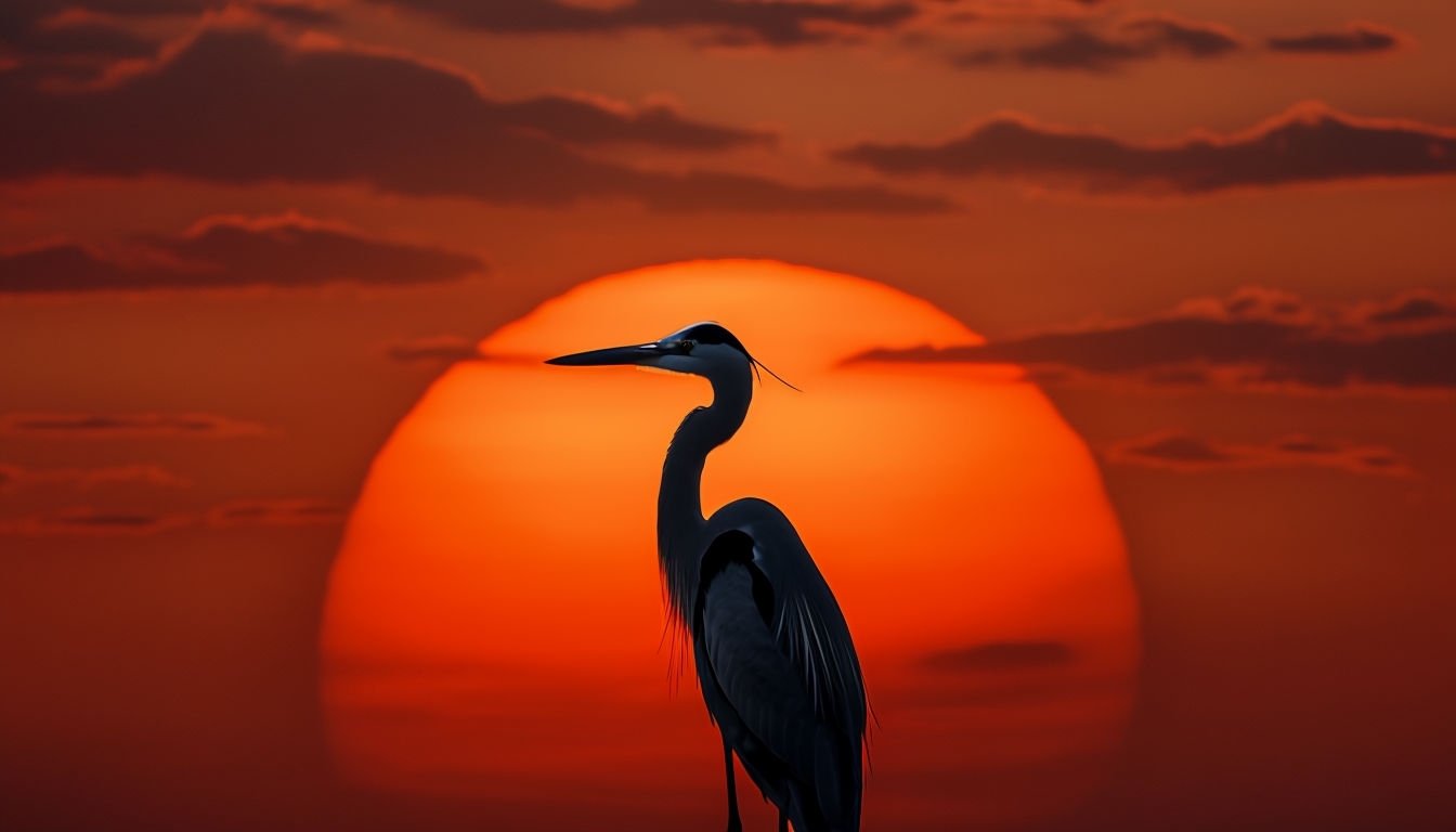 Majestic Heron Silhouette Against Vibrant Sunset Background