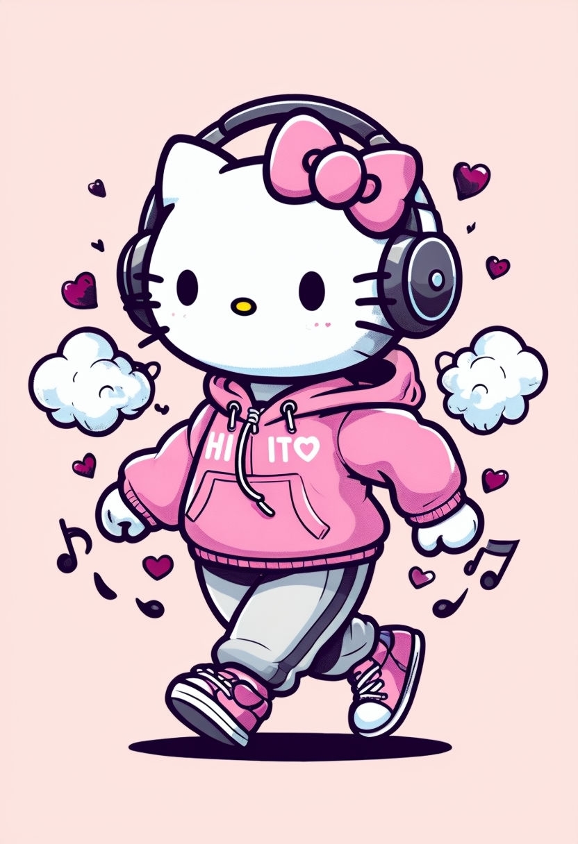 Cheerful Hello Kitty with Headphones Cartoon T-Shirt