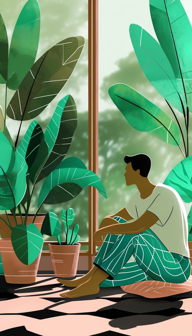 Serene Indoor Scene with Person and Potted Plants Illustration Art