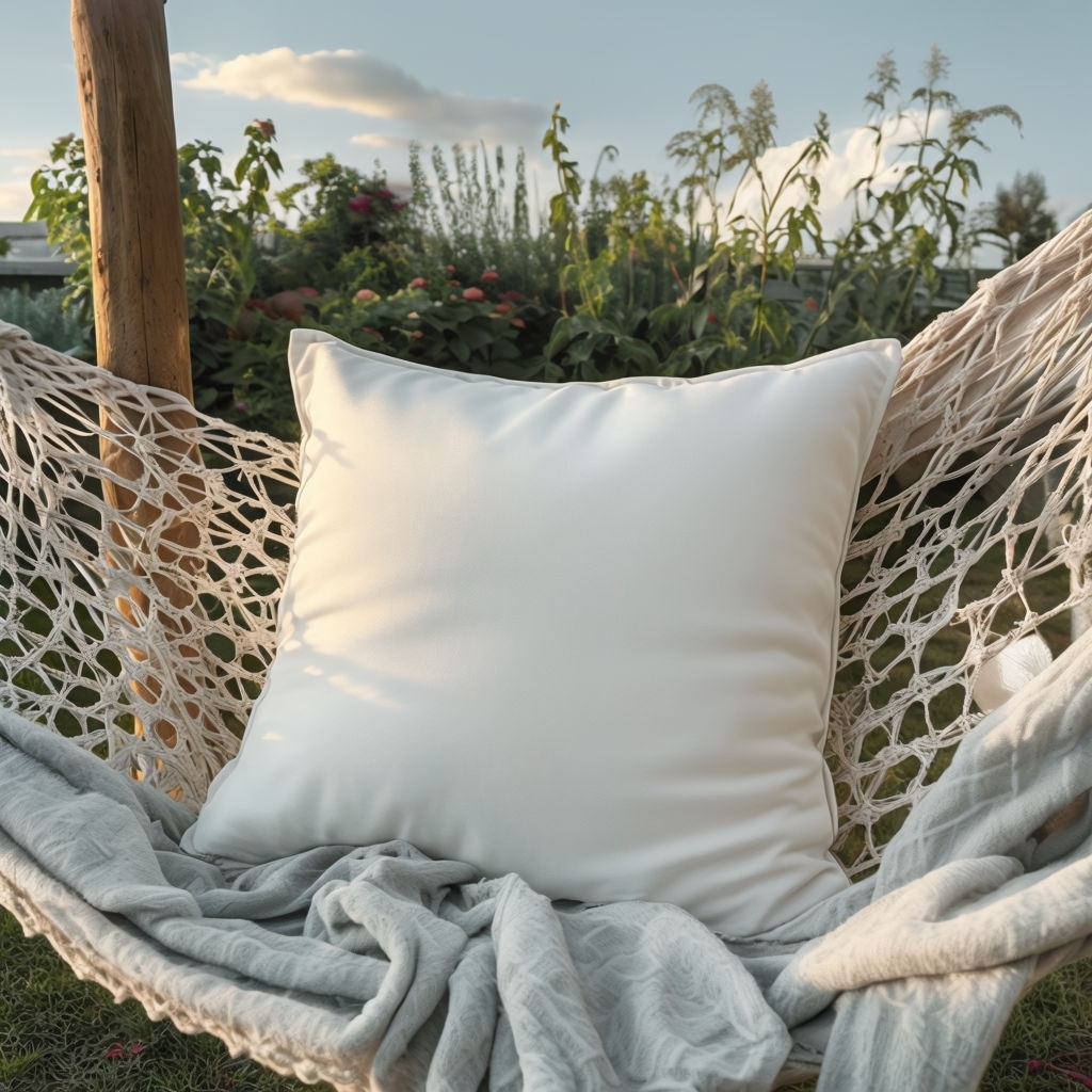 Cozy Outdoor Throw Pillow on Hammock in Serene Garden Setting Mockup