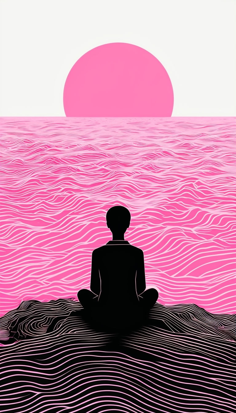 Silhouette Figure Overlook at Turbulent Sea Graphic Art