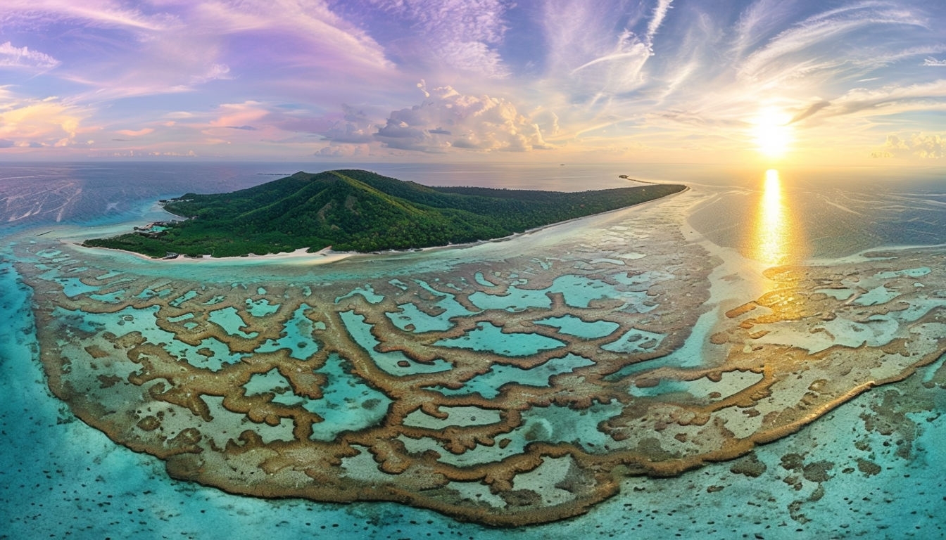 Tropical Island Sunset Aerial View with Vibrant Reef Background