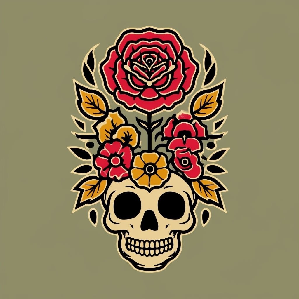Vibrant Skull and Floral Design Tattoo Art T-Shirt