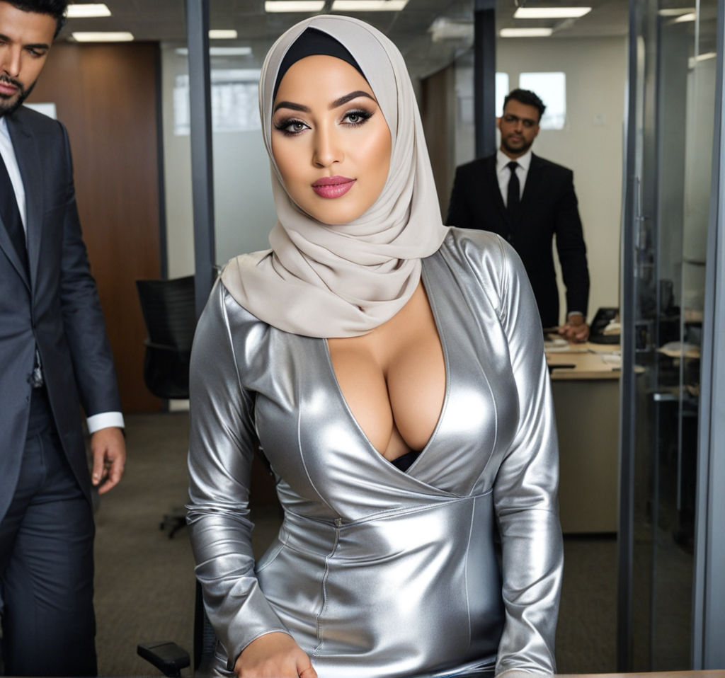 glamorous busty British Arab 21 year old hijabi model receiving a shoulder  massage