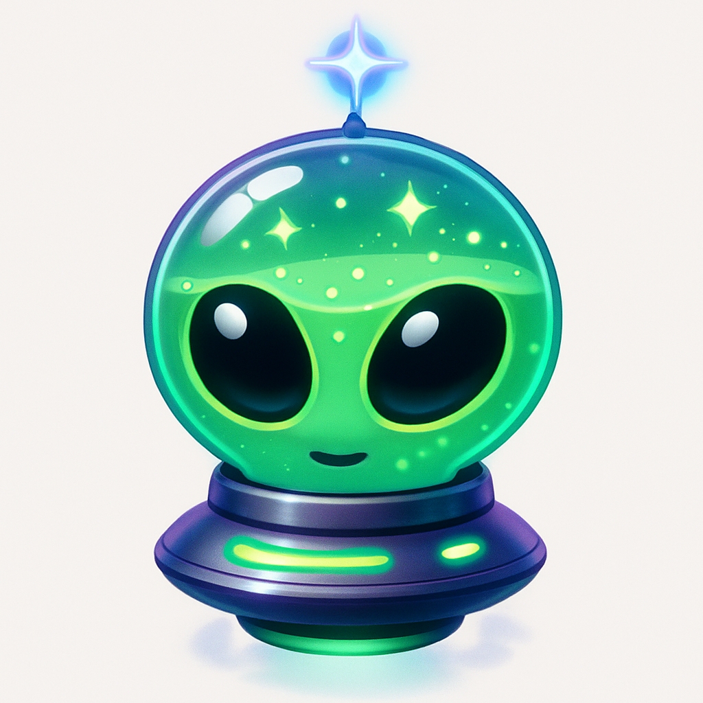 Vibrant Green Alien Creature Illustration with UFO Base Sticker