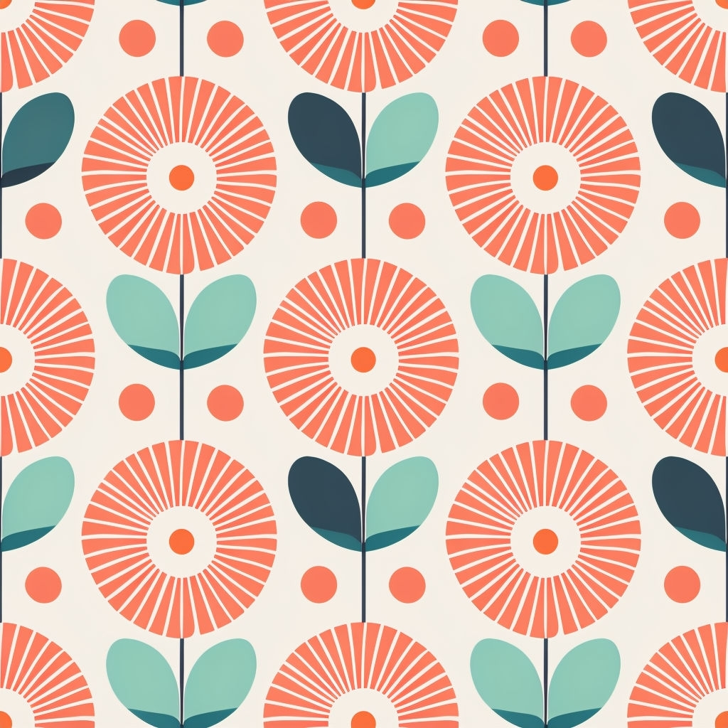 Coral Orange Floral Seamless Pattern with Teal Green Accents