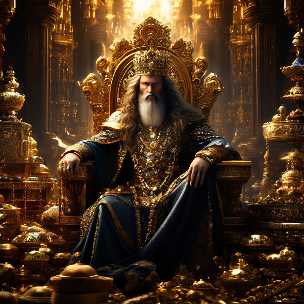 An extravagant palace with a king sitting on a golden throne... by ...