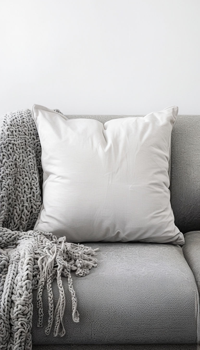 Minimalist Cozy Gray Sofa with Cushion and Blanket Mockup