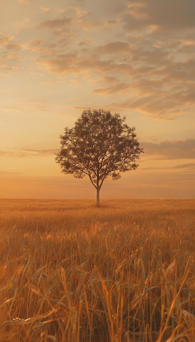 Golden Wheat Field with Tree at Sunset Mobile Wallpaper