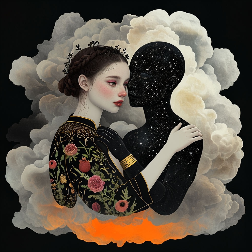 Surreal Embrace of Cosmic Figures Digital Art T-Shirt