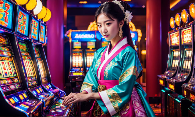 Prompt: Young woman donned in a vibrant traditional hanbok engages in playing slot machines, arcade lights reflecting off the intricate patterns of her outfit, eyes focused intently on the colorful machine, background bustling with theatrical interior of a modern casino, ambient light casting soft glows on her delicate facial features, hanbok billowing slightly with the rhythmic movements, juxtaposition of ancient attire within a contemporary setting, digital painting, vivid colors,