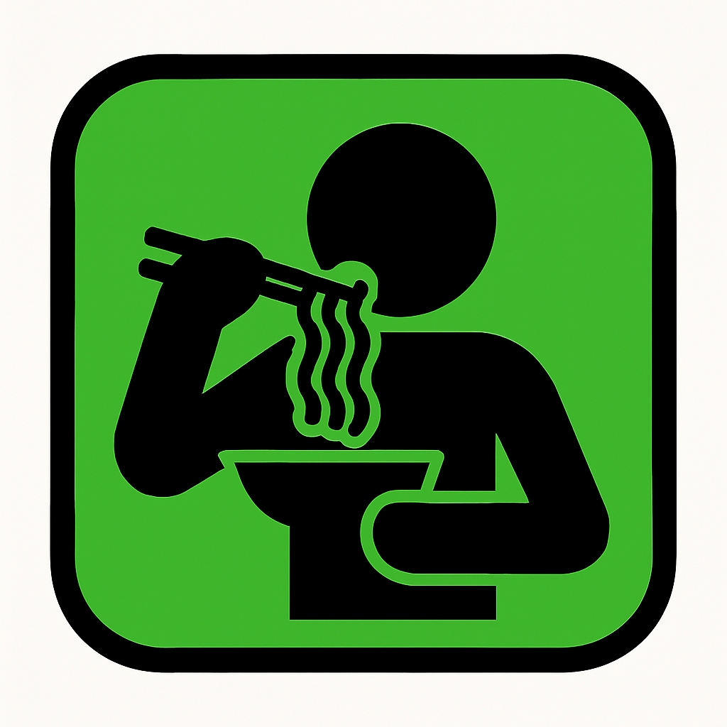 Minimalist Icon of Person Eating Noodles on Bright Green Background Event Sign
