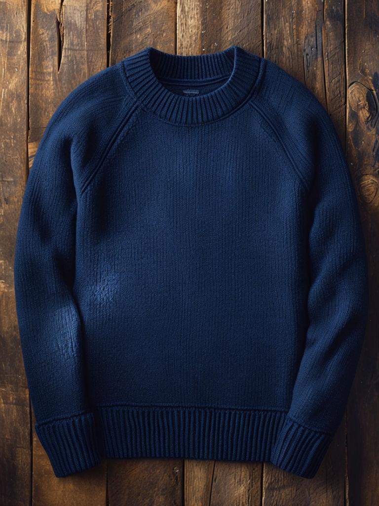 Navy Blue Sweater Over Rustic Wood Surface Mockup