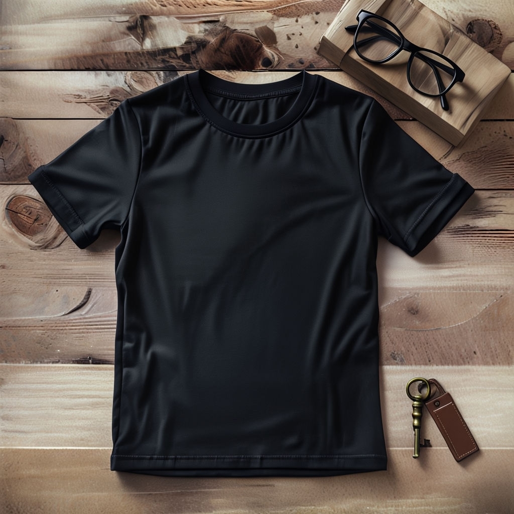 Minimalist Black T-Shirt Flat Lay with Accessories Mockup