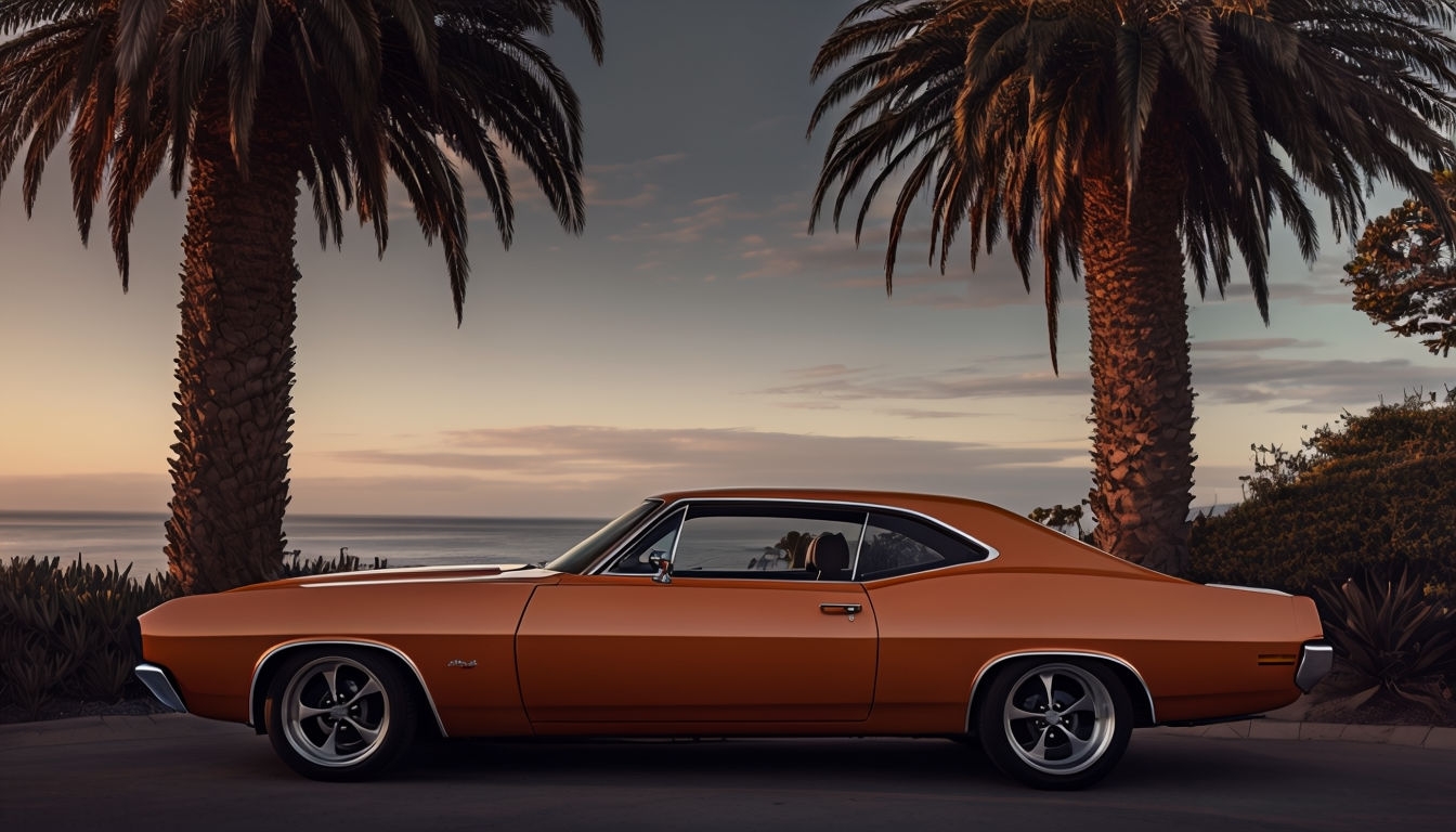 Nostalgic Vintage Orange Muscle Car by the Ocean Background