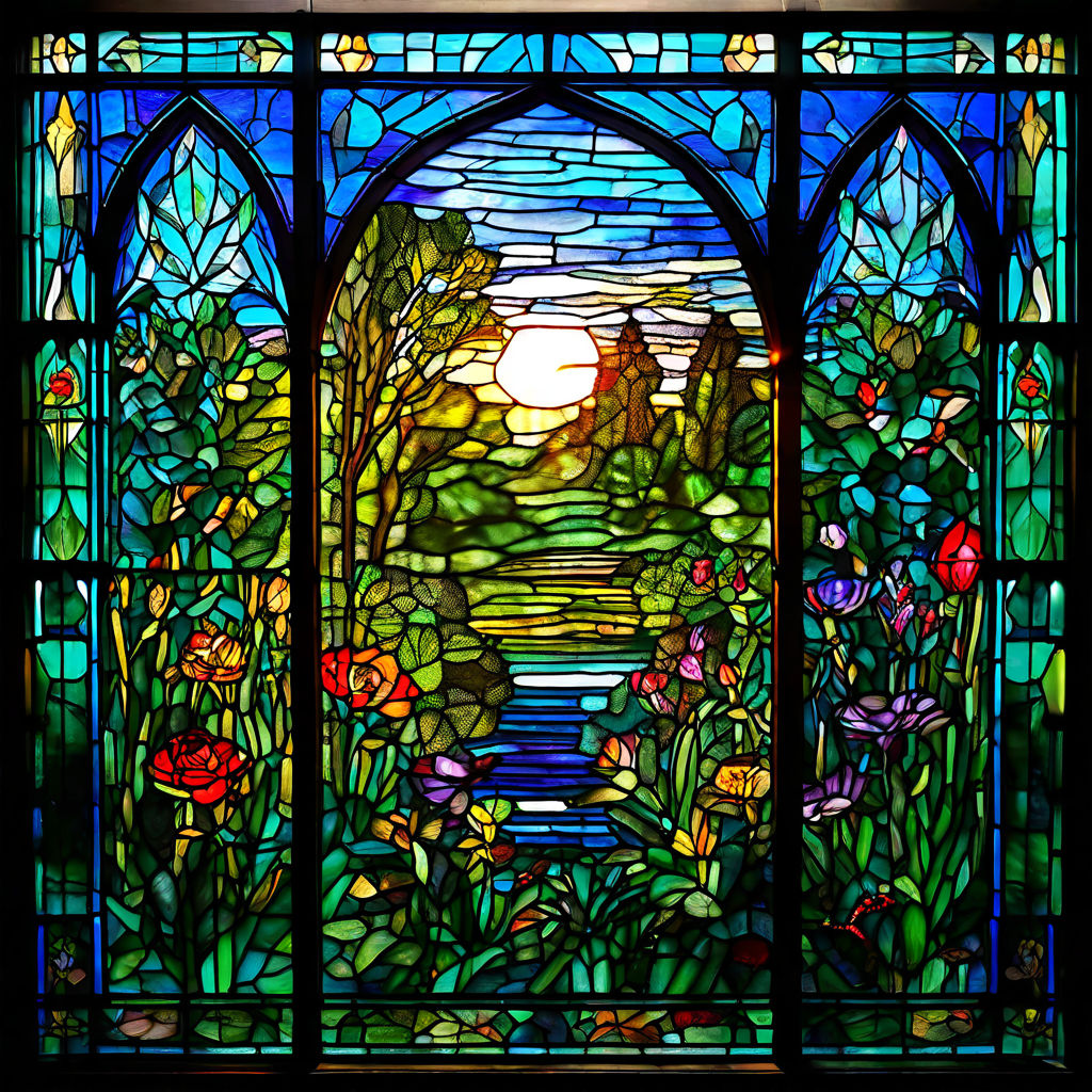 Stained glass window depicting a thriving garden scene by Videos Bank ...