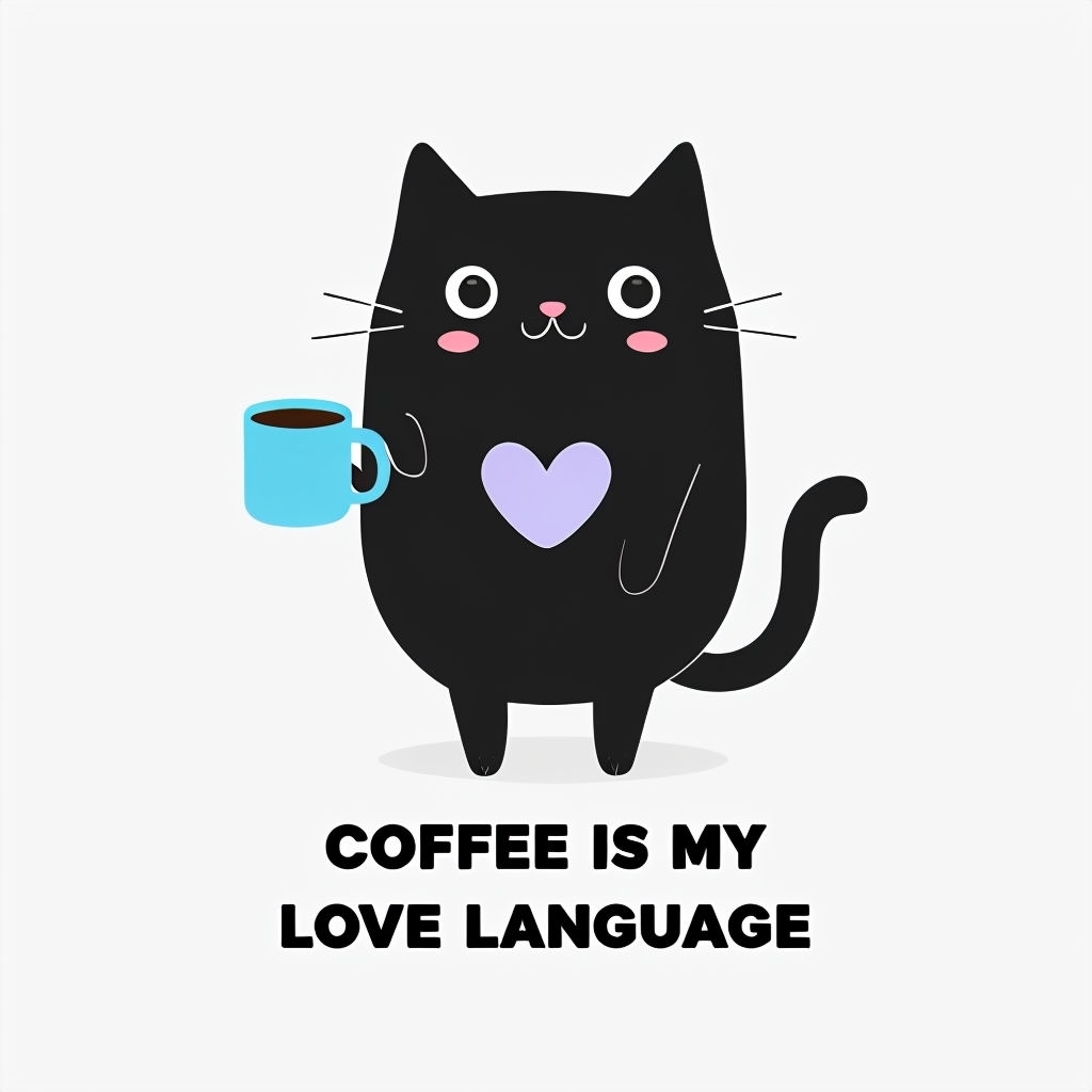 Cute Black Cartoon Cat with Coffee Mug and Heart Illustration Mug