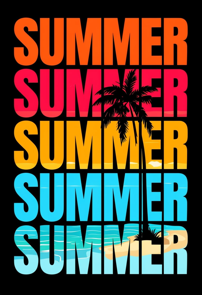 Vibrant Summer Typography Graphic with Palm Trees Poster