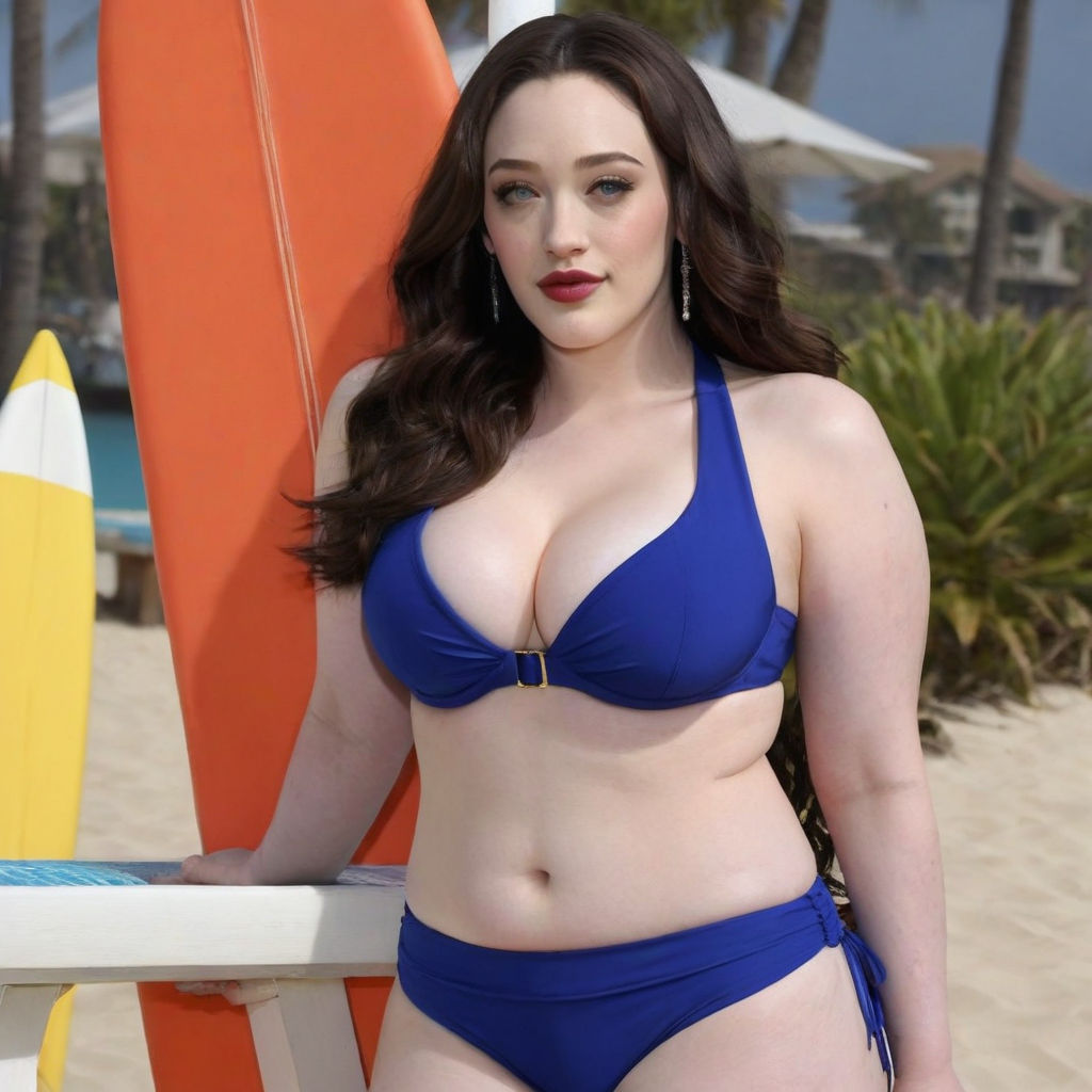 Kat dennings with red bikini on a beach and holding a unbrella