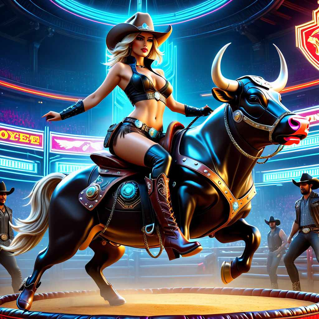 Girl in cowboy hat and red bikini riding mechanical bull.