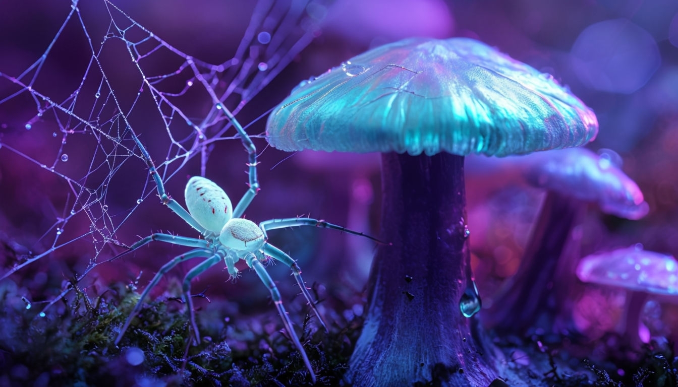 Mystical Translucent Spider on Glowing Mushroom Virtual Background
