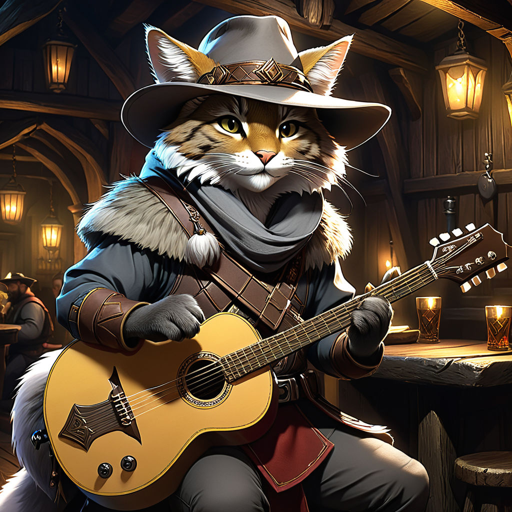 Tabaxi bard with grey fur by Daron Gildow - Playground