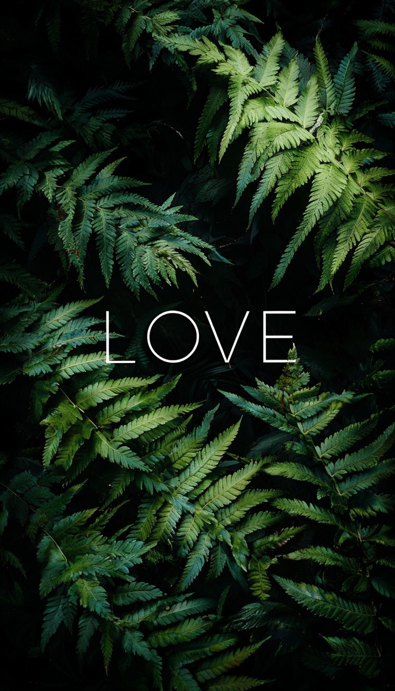 Lush Green Ferns with LOVE Typography Over Dark Background Mobile Wallpaper