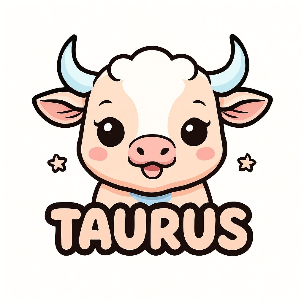 Cute Cartoon Bull Head Illustration with Taurus Text Sticker